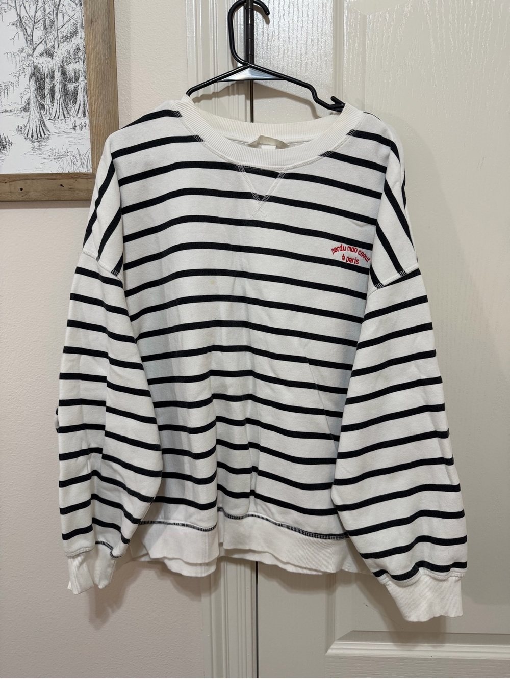 H&M Striped Black & White Crewneck Sweatshirt with Red Embroidery